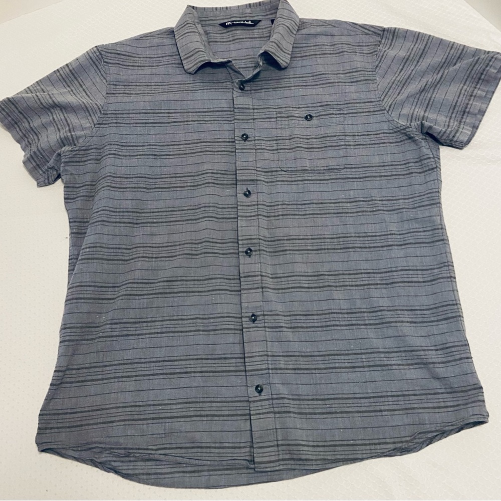 Travis Mathew Button Front Gray Striped Shirt, XL